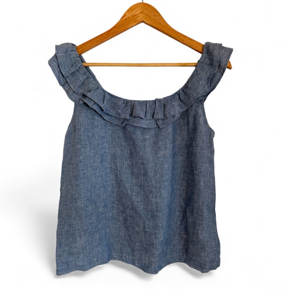 Boden Sleeveless Blue Chambray Ruffle Linen Top  | Size 6
